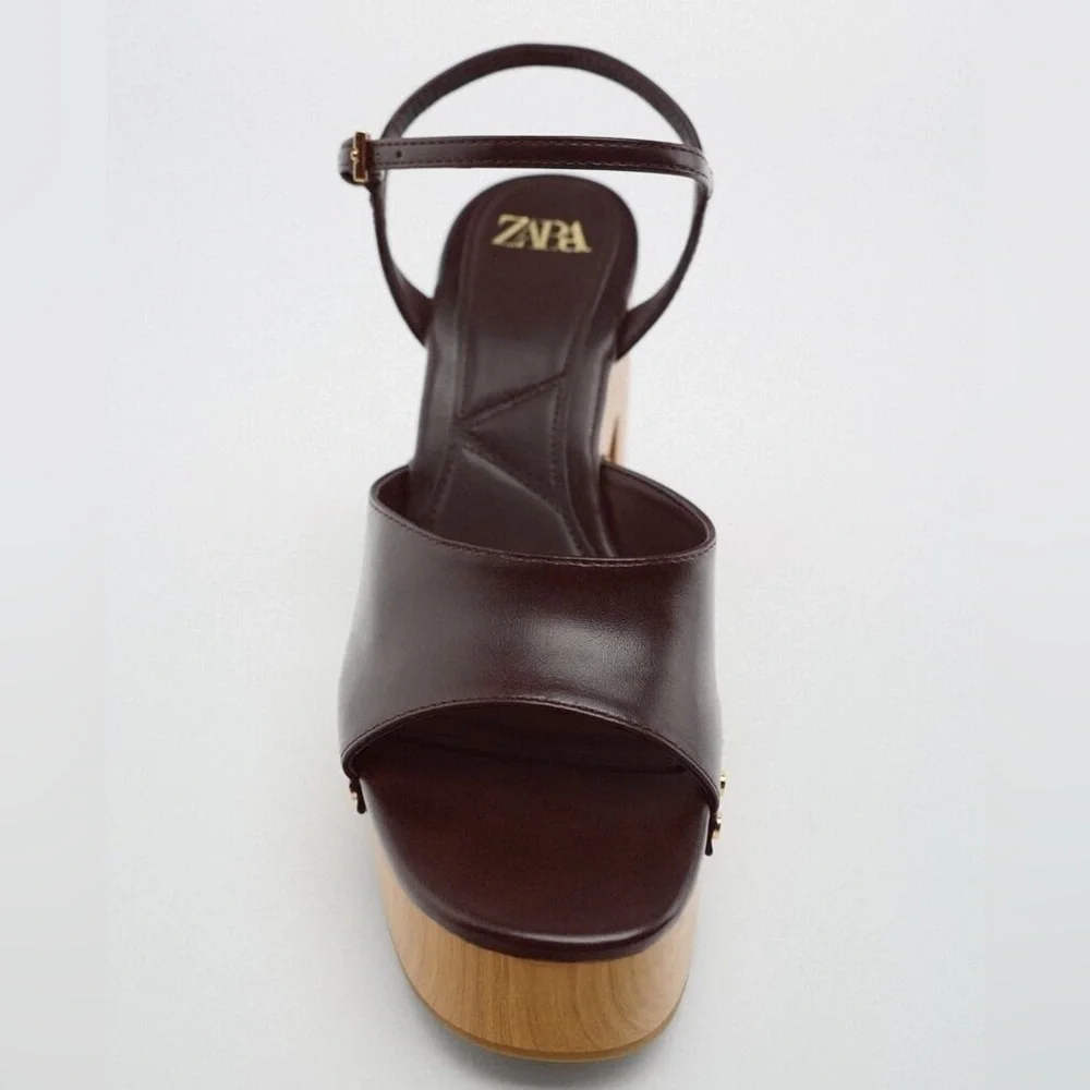 NWOT. Zara Brown Chunky Thick Heel Sandals. Size 9/EU 40.